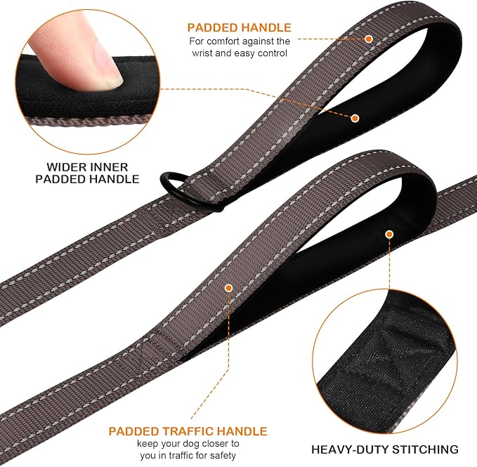 Joytale Dog Leash for Large Dogs that Pull, Double Handle, 6FT, Brown | Traffic Handle for Control, Padded Handle Reduces Hand Strain, Reflective Stitching for Night Safety, Strong Nylon Webbing - Image 2