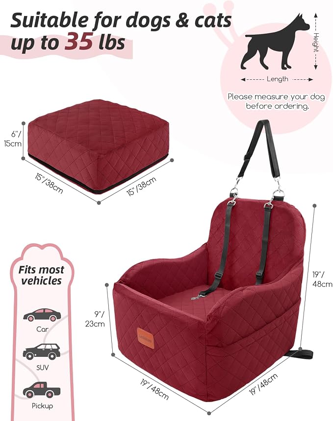 Lealchum Dog Car Seat for Small/Medium Dogs,6in Elevated Cushion,Fits in Front/Back Seat,Fully Detachable and Washable,2 Storage Pockets,Easy to Install (Red, Medium) - Image 2