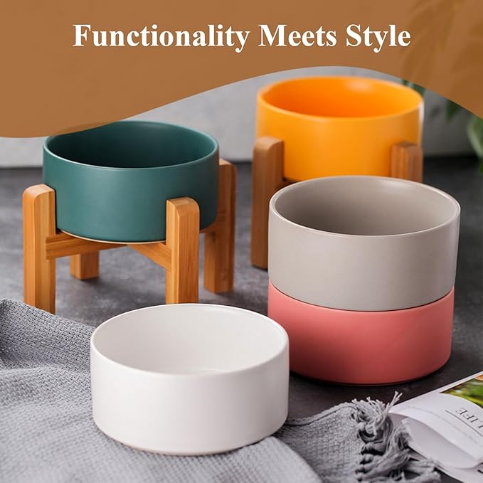 Ceramic Elevated Dog Bowl with Bamboo Stand, for Small & Medium Dog, Yellow - Image 7