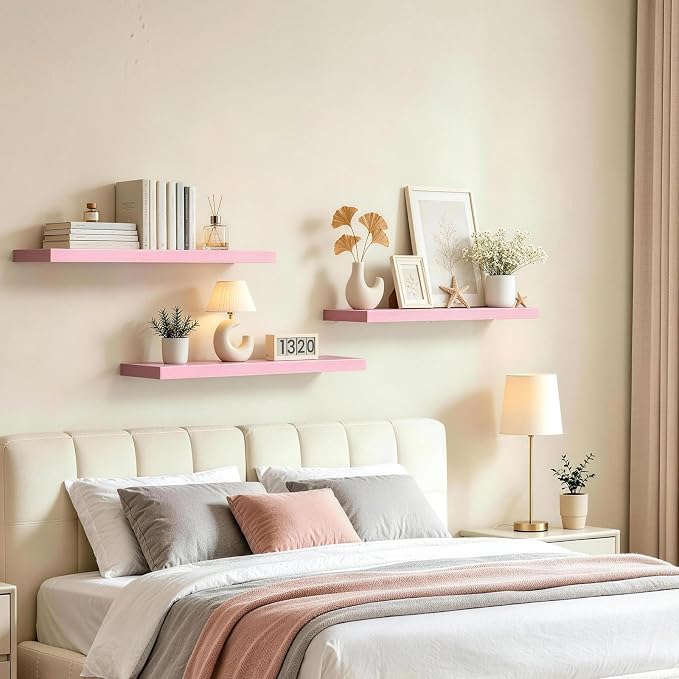 BAYKA Pink Floating Shelves 22.5in, Set of 2, Wall Mounted for Wall Decor | Easy Install, 22lbs Max Load, Hidden Bracket, Hanging Shelf for Books Nursery Plants Perfume Storage, Multi-Wall Compatible - Image 2