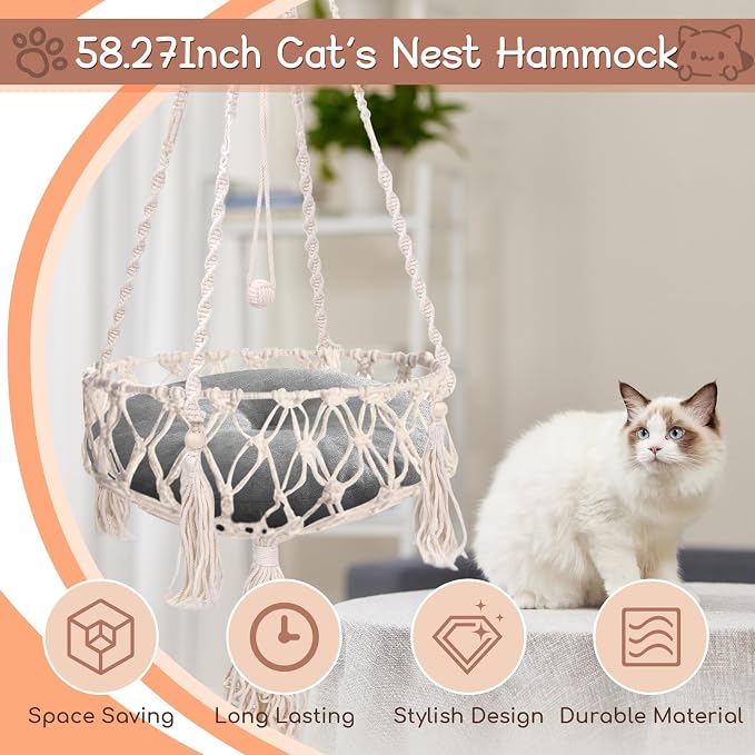 VINGVO Macrame Cat Hammock Bed, 58.27" Handwoven Pet Hanging Swing Bed with Hook for Wall, Foldable Kitten Window Perch for Indoor Outdoor Sports Playing Sleeping Climbing Lounging - Image 2