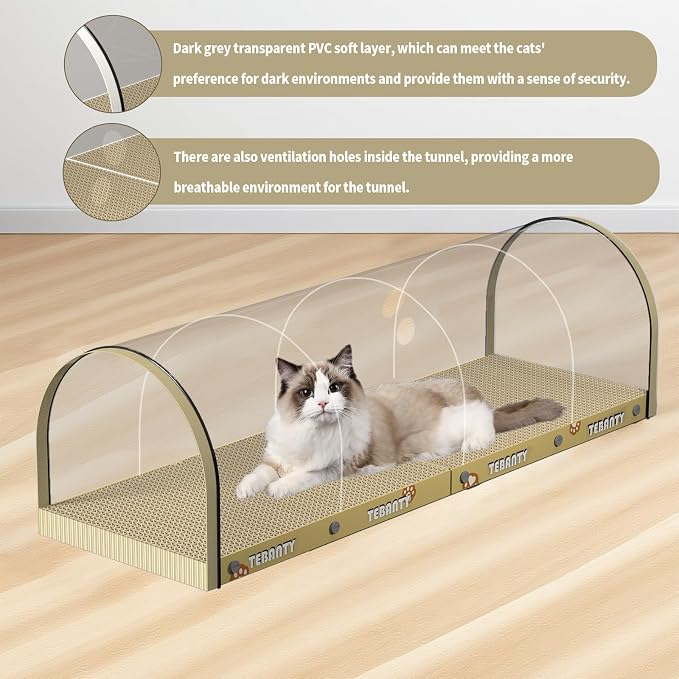 3 Function in 1 Cardboard Cat Scratcher Board, 31.5 in Cat Scratcher House, Cat Scratchers for Indoor Cats, Arched Cats Scratch Pad As Cat Bed, Cat Tunnel for Sleep, Grind Claws (Beige) - Image 7