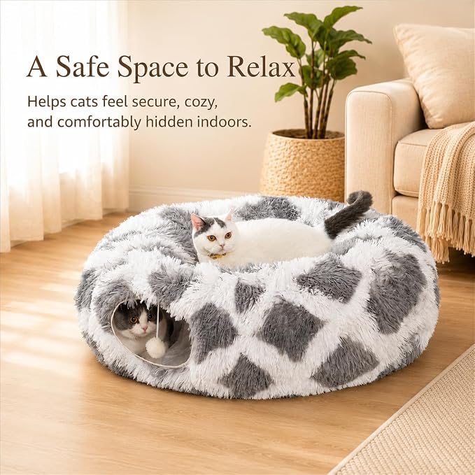 Warm Fluffy Plush Cat Tunnel Bed with Washable Cushion- Big Tube Playground Toys 3 FT Diameter Collapsible, for Indoor Cat Kitty Kitten Puppy Rabbit Ferret Gray-White Diamond Pattern - Image 6