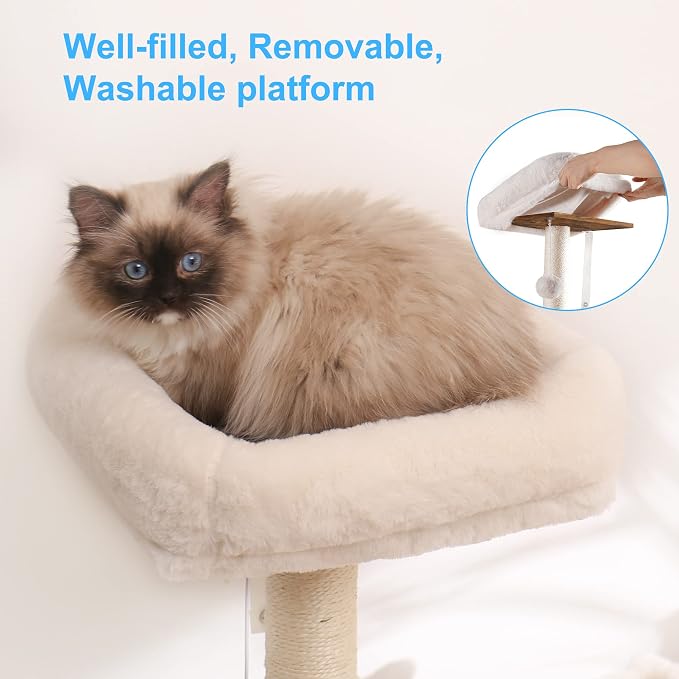 Hey-brother Cat Tree Tower, Food Station, XL Litter Box Enclosure, MPJ101SG | 48.81 Inches Wooden All-in-one Cat Furniture, Large Hammock, Bed, Scratching Posts, Big Basket for Indoor Cats, Rustic Gray - Image 5