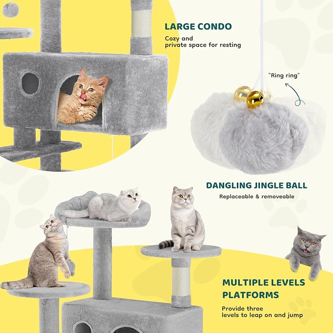 DUMOS 54 Inch Cat Tree Tower with Scratching Posts, Indoor Use | Multi-Level Pet House for Large Cats with 2 Condos, Round Platform, Small Ladder and Toys, Light Grey - Image 5