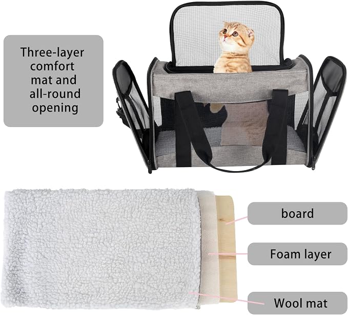 Cat Carrying Case - Pet Carrier Airline Approved, Protable and Breathable Pet Travel Carrier Removable Fleece Pad, Collapsible Cat Carrier Dog Carrier for Medium Cats Small Cats Dogs (Grey&Black M) - Image 4