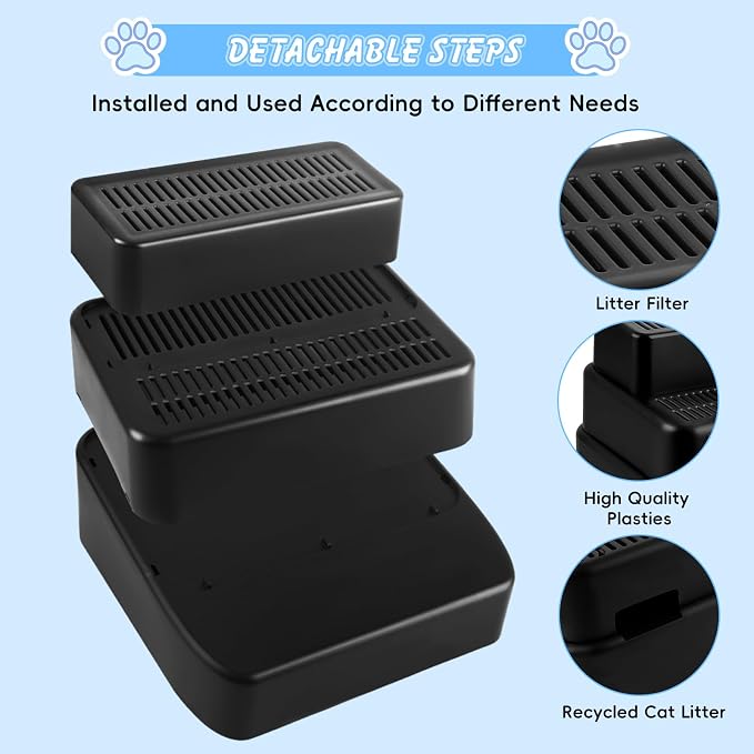3 Step Litter Box Ramp Adjustable Detachable Litter Box Step, Black - Image 3