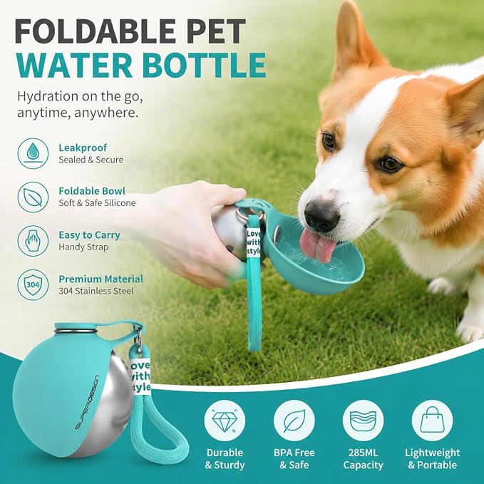 2-in-1 Portable Dog Water Bottle, 10 oz Stainless Steel with Foldable Bowl | Sealed lid, BPA-free silicone, carry strap, easy-rinse design for walks, hikes, and travel - Image 7
