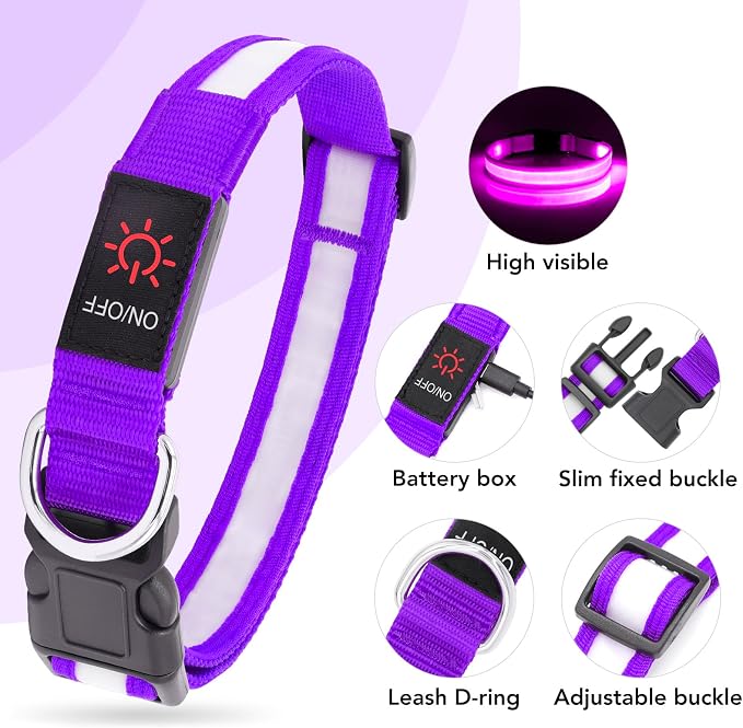 VIZPET LED Dog Collar, Light up Dog Collar Adjustable Safety Glowing Collar | USB Rechargeable Super Bright Light Collars for Dogs(Purple, X-Large[22.83-27.55 inch/58-70cm]) - Image 2