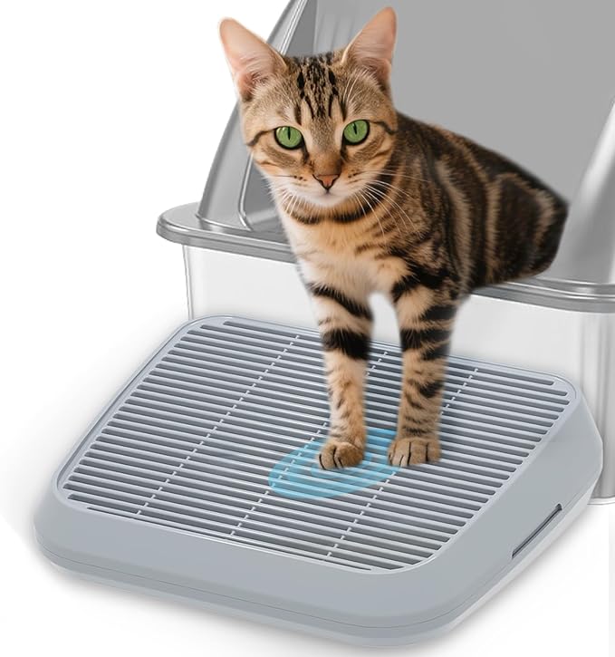 Elevated Litter Box Ramp/Steps for Kittens & Old Cats,Washable Litter Catcher Stairs for Automatic Cat Litter Box,Anti-Tracking Cat Litter Mat Pedal with Filter,Easy to Clean (Light Grey) by TAILRYTH