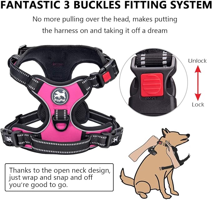 PoyPet No Pull Dog Harness Small with Front Clip & Neck Release Buckle | No Choke, Adjustable Vest, Reflective, Back Clip, Lockable, Soft Padded, Easy Control Handle for Walking Training, XS, Pink - Image 2