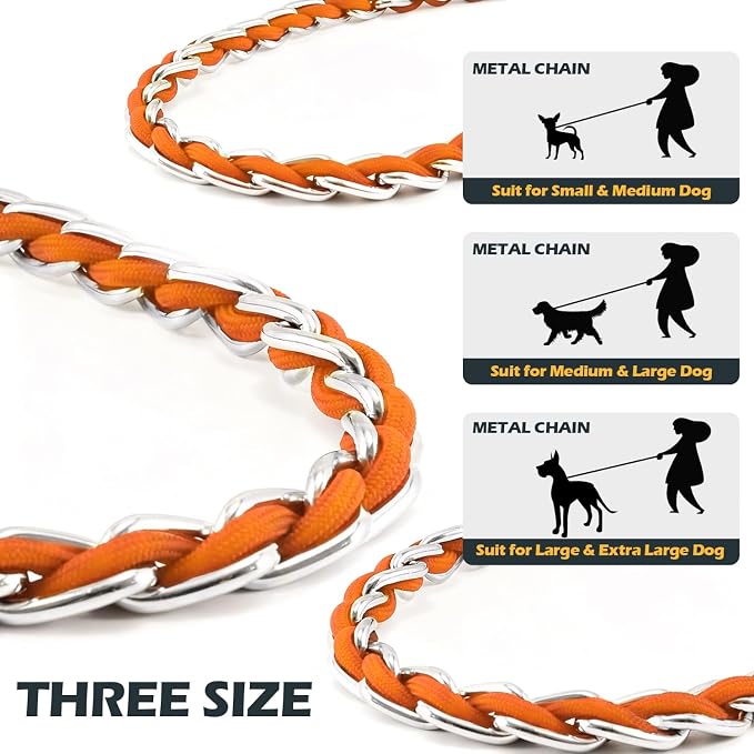 S-ETOVUS-Chain Dog Leash, Bite-Proof Metal Leash, with Padded Handle Orange | Three Sizes 7.25FT/5.2FT/4FT, Woven From Nylon Rope And Chain, Durable And Bite-Resistant, Comfortable With Padded Handles - Image 8