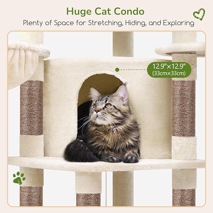 Globlazer Corner Stable Cat Tree Tower with Scratching Post, C51, Beige | 51in Space-Saving Multi-Level Cat Condo for Indoor Cats with Hammock, Large Top Perch for Large Cats, Cozy Cat Cave - Image 4