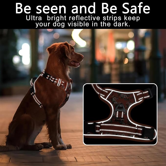 Timos Dog Harness, No Pull Large Sized with 3 Buckles, Flower Orange, XL | Reflective, No Choke, Easy On & Off, Adjustable Soft Padded, Front & Back 2 Clips and Control Handle for Walking Training - Image 5