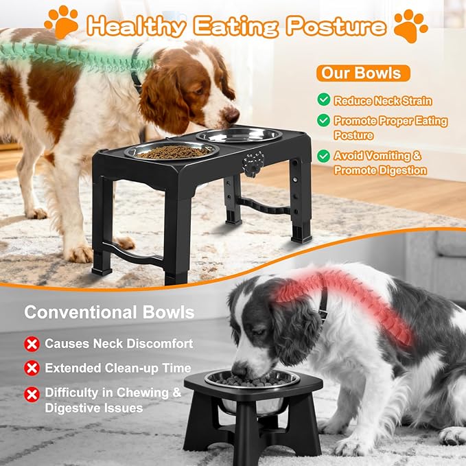 COMESOON Elevated Dog Bowls, 5 Adjustable Heights (3.9"-13.4") Raised Dogs Food Bowl Stand for Medium Large Sized Dogs, Non-Slip Foldable Travel Pet Feeder Black with Stainless Steel Bowls - Image 3