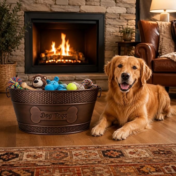 BREKX Copper Metal Pet Storage & Dog Toy Bin w/ Handles, Indestructible | Dog Toy Box • Galvanized Steel • Organizes Toys, Blankets & Leashes • Farmhouse Style - Image 2