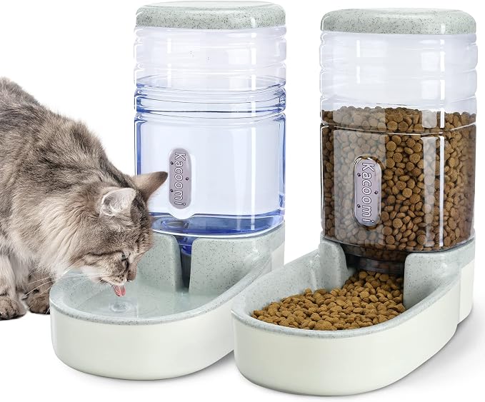 Automatic Dog Cat Feeder and Water Dispenser Gravity Food Feeder and Waterer Set with Pet Food Bowl for Small Medium Dog Puppy Kitten, Large Capacity 1 Gallon x 2(Grey) by Kacoomi
