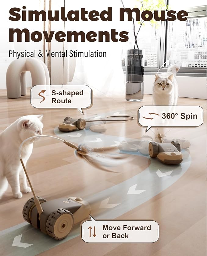 CYROS 3-in-1 Interactive Cat Toy - 2-Speed Automatic Moving Mouse Cat Toys Self Play with 2pcs Hanging Feather String Ribbon and Wiggly Silicone Mice Tail for Bored Indoor Adult Cats Kittens - Image 3