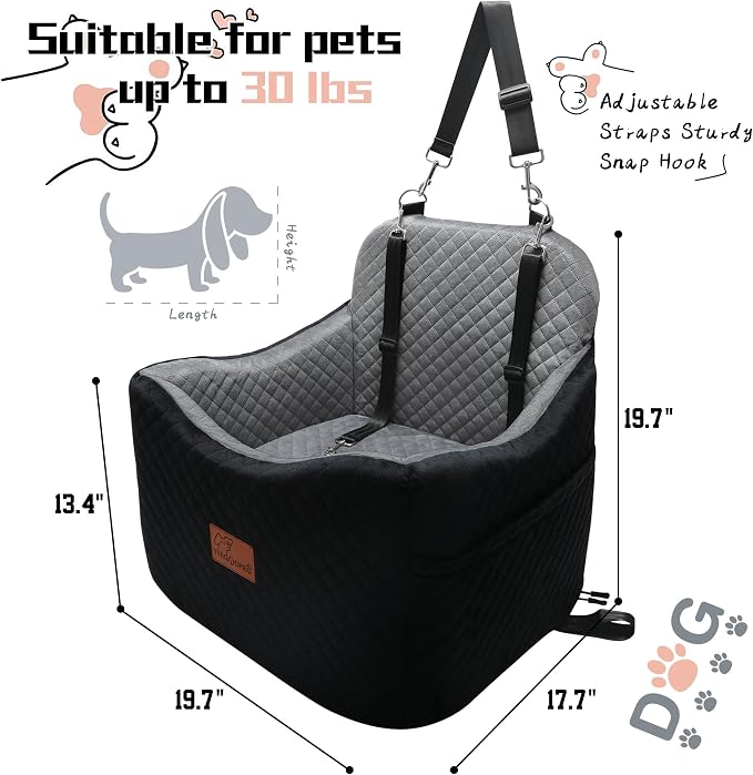 Dog Car Seat for Small Medium Dogs-Safety and Comfy Pet Booster Carseats with 2 Clip-On Satebelt & Storage Pockets,Washable and Detachable Puppy Car Seat for Dogs up to 30 lbs.(H-Black/Grey) - Image 2
