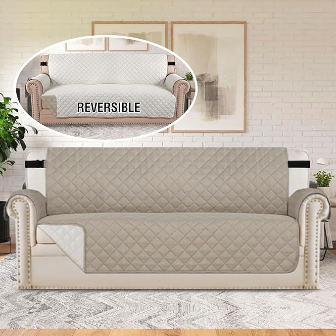 H.VERSAILTEX Reversible Sofa Cover Couch Cover for 3 Cushion Couch Water Resistant Furniture Protector for Pets Durable Sofa Slipcover with Non Slip Elastic Strap(Sofa, Khaki/Beige) - Image 3