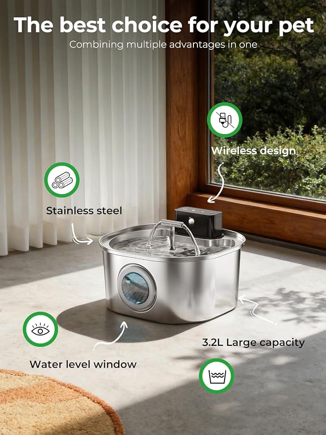 Voluas Stainless Steel Cat Water Fountain, Wireless, 108oz/3.2L, 4Filter | Cordless Design, T-Shaped Dual Water Outlet, Ultra-Quiet Pump, BPA-Free - Image 2
