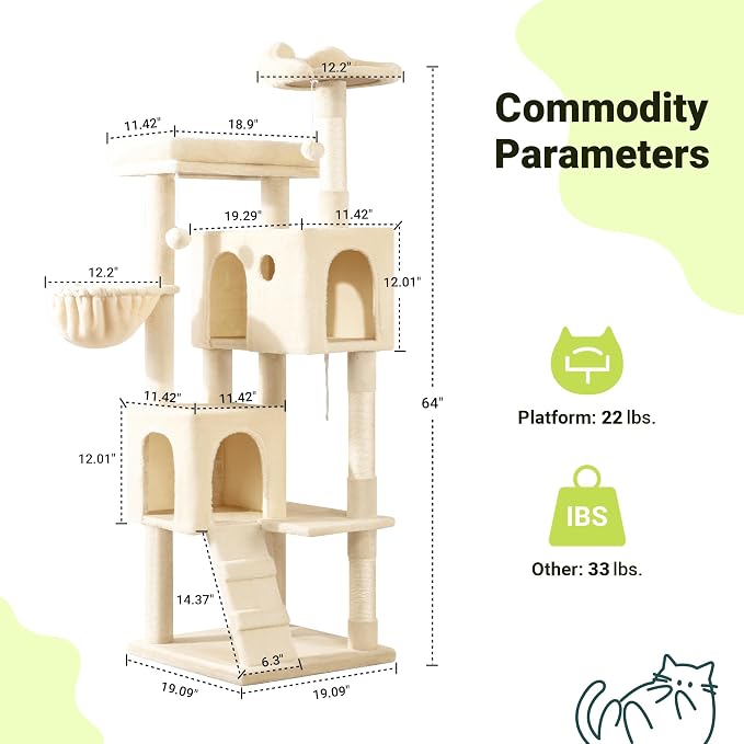 Allewie 64 Inches Multi-Level Cat Tree Tower for Indoor Cats, Beige | Activity Center for Big Felines, 2 Plush Condos, 2 Perches, Cozy Basket, House, Sisal Scratching Posts, Hanging Cat Toys - Image 3