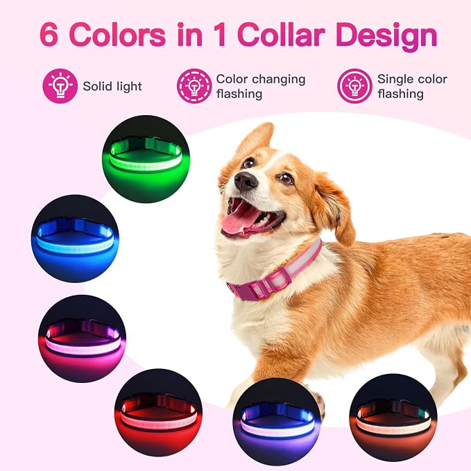 LED Light Up Dog Collar for Night Safety Walks, Pink, L | USB rechargeable, waterproof & pet-safe, 3 lighting modes, long-lasting glow, adjustable S/M/L, soft comfy daily walk fit - Image 2