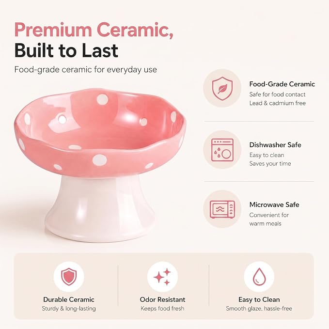 Pink Mushroom Cat Bowl, Elevated Ceramic Feeding Bowl | Elevated, Ceramic, Tilted Design, Whisker-Friendly, Dishwasher Safe, cute - Image 6