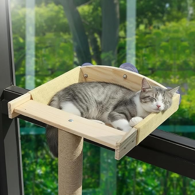 47.3'' Cat Tree Window Sill Perch with Tall Vertical Scratching Post Height-Adjustable Indoor Hammock Bed for Large Cats Suction Cup Climbing Tree Tower for Sunbathing & Bird Watching (Light Wood, M) - Image 3
