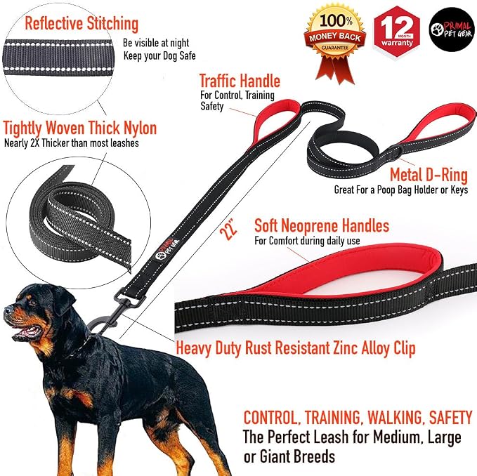 Dog Leash 6ft Long,Traffic Padded Two Handle,Heavy Duty,Reflective Double Handles Lead for Control Safety Training,Leashes for Large Dogs or Medium Dogs,Dual Handles Leads(Black) - Image 2