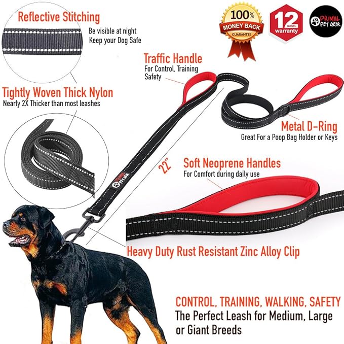 Dog Leash 8ft Long - Black - Traffic Padded Two Handle - Heavy Duty - Double Handles Lead for Control Safety Training - Leashes for Large Dogs or Medium Dogs - Dual Handles Leads - Image 2
