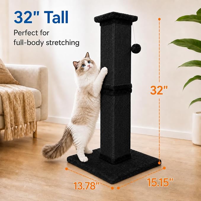Cat Scratching Post for Indoor Cats, Sisal Cat Scratcherl, 32 Inch | Full-Body Stretching Cat Scratch Post, Wide Stable Base, Heavy Duty Post for Cat Adults to Protect Furniture, Pure Black - Image 2
