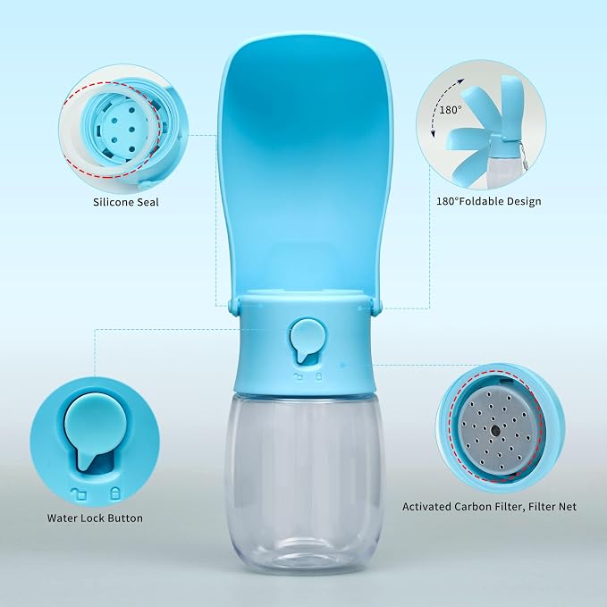 Portable Dog Water Bottle 10oz Blue | Foldable pet water dispenser, food grade plastic, ease to use for outdoor walking, hiking, travel - Image 2