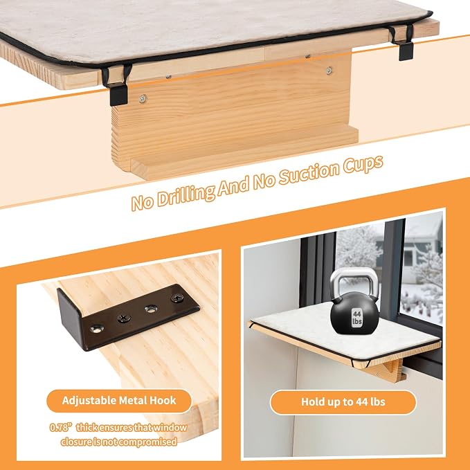 Petsfit 2 Cats Design Cat Window Perch, Natural Wood with Removable Fleece Mat Space Saving Cat Window Seat for Cats - Image 5