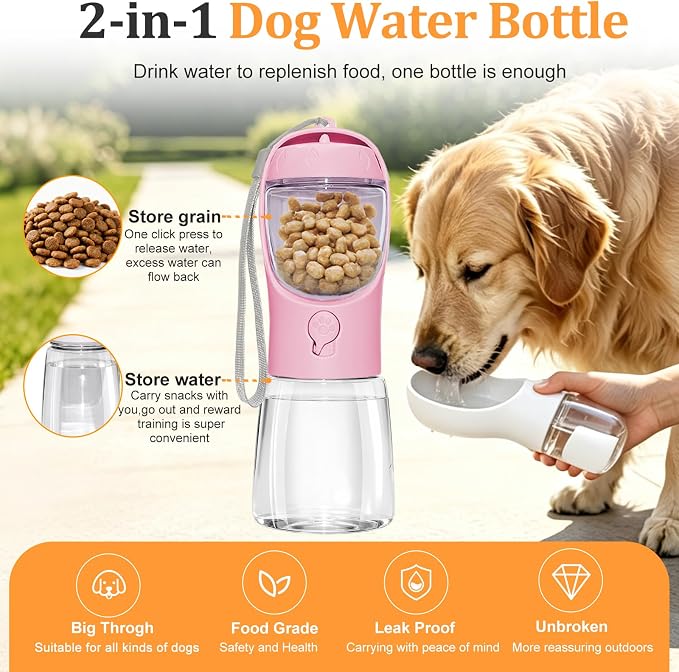 Portable Dog Water Bottle with Food Container, Pink, 12oz | BPA Free, Easy to Carry, One-Button Operation, Dishwasher Safe, for Pets Walking, Hiking, Travel - Image 2