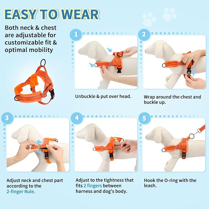 Lukovee Small Dog Harness and Leash Set, No Pull Soft Padded Vest | Both Neck & Chest Adjustable, Reflective, Puppy Harness with 4ft Lightweight Anti-Twist Dog Leash for Small Dogs (Orange,XXS) - Image 9