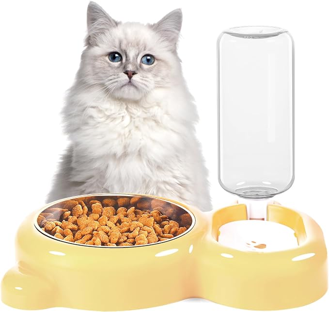 Dog Bowls, Cat Food and Water Bowl Set with Water Dispenser and Stainless Steel Bowl for Cats and Small Dogs - Yellow - Image 7