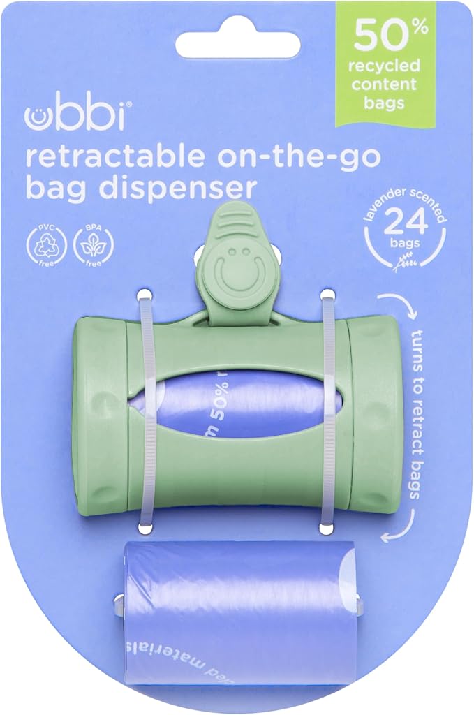Ubbi Retractable Bag Dispenser for Diaper Bag, Sage | Portable Bag Holder for Travel, Clips to Stroller or Diaper Bag, Newborn Baby Essentials, Includes 24 Lavender Scented Bags - Image 8
