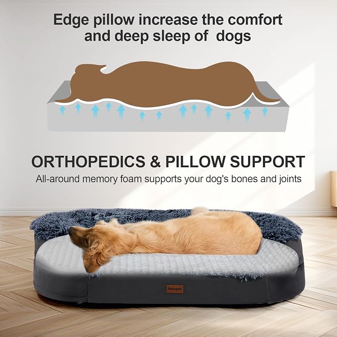 iweepet Fluffy Orthopedic Dog Beds for Large & Extra Large Dogs, 44" Calming Dog Sofa Bed with28D Egg-Crate Foam, Removable Washable Cover, Waterproof Lining, for Puppy,Senior,Sick - Image 5