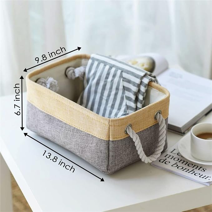 TheWarmHome Decorative Basket Rectangular Fabric Storage Bin Organizer Basket with Handles for Clothes Storage (Gold&Grey, Medium-1Pack,13.8L*9.8W*6.7H) - Image 3