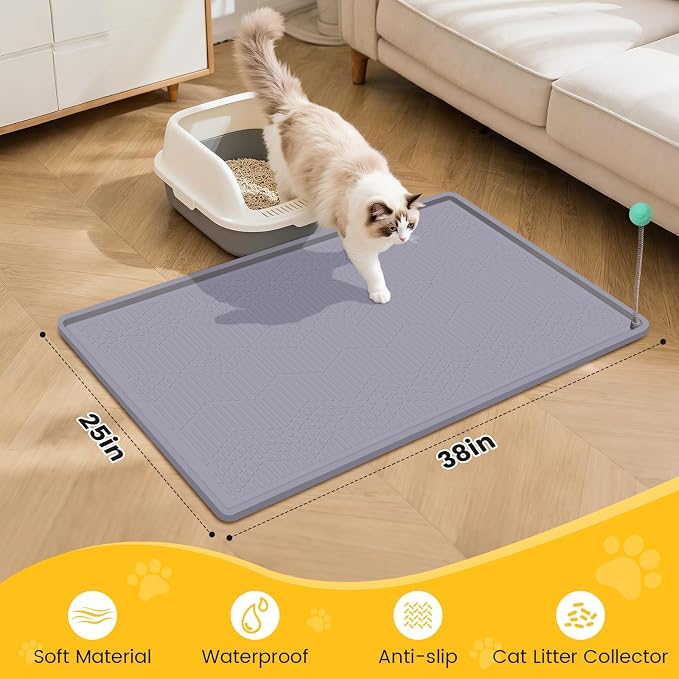 Silicone Cat Litter Mat with Toy, 38x25 Inch Large - Waterproof, Easy Clean Trapping Mat for Kitty Litter Box, Non-Slip Litter Box mat for Hardwood Floors & Carpet Protection (Grey) - Image 4