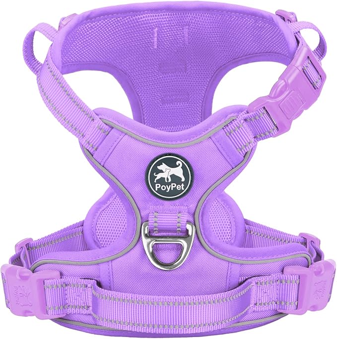 PoyPet No Pull Dog Harness, Reflective Vest with 2 Leash Clips & Handle | Lockable Neck Release Buckle, No Choke, Adjustable, Soft Padded, for Walking Training, Light Purple Matching Trim, Medium by PoyPet