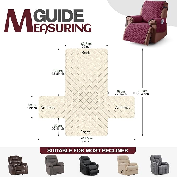KinCam 100% Waterproof Recliner Chair Covers Washable, 25", Burgundy | Anti Slip Reclining Couch Covers for Pets Dog, Recliner Sofa Slipcover Storage Pocket, Furniture Protector with Elastic Strap - Image 4