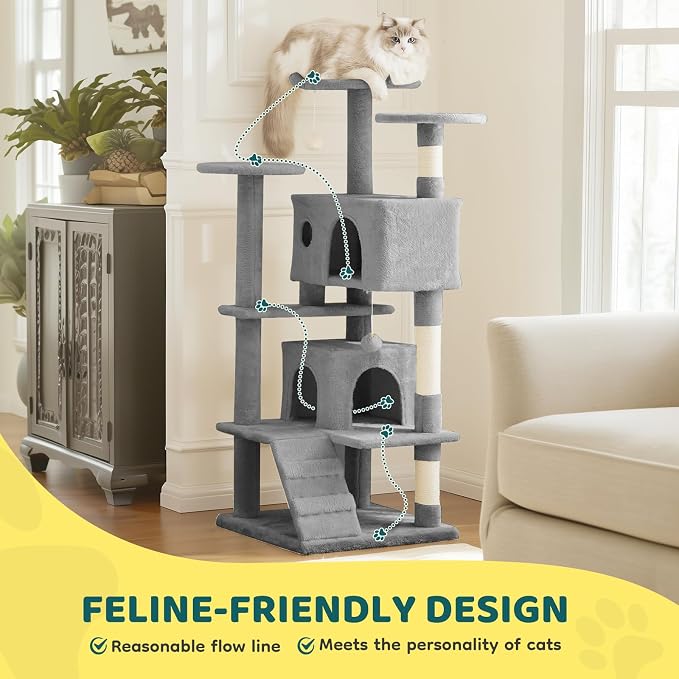 DUMOS 54 Inch Cat Tree Tower with Scratching Posts, Indoor Use | Multi-Level Pet House for Large Cats with 2 Condos, Round Platform, Small Ladder and Toys, Light Grey - Image 2