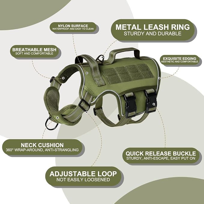 Dog Harness Medium Sized Dog, No Pull Dog Vest with Molle System | Tactical, Easy Control With Handle, Breathable Soft Padded, Adjustable, Reflective, No Choke for Walking, Green Medium - Image 7