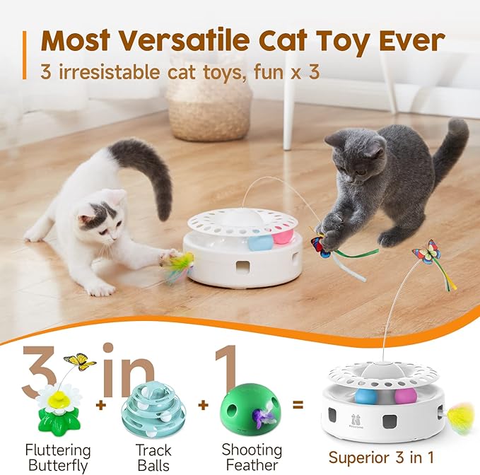Potaroma Cat Toys 3in1 Automatic Interactive Kitten Toy, Fluttering Butterfly, Moving Feather, Track Balls, Dual Power Supplies, USB Powered, Indoor Exercise Kicker (Bright White) | Fluttering Butterfly, Moving Feather, Balls, Dual Power Supplies, USB ... - Image 2