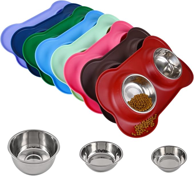 Dog Bowls 2 Stainless Steel Bowl for Pet Water and Food Feeder with Non Spill Skid Resistant Silicone Mat for Pets Puppy Small Medium Cats Dogs by Juqiboom