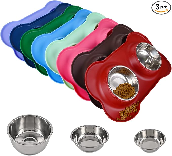 Dog Bowls 2 Stainless Steel Bowl for Pet Water and Food Feeder with Non Spill Skid Resistant Silicone Mat for Pets Puppy Small Medium Cats Dogs by Juqiboom
