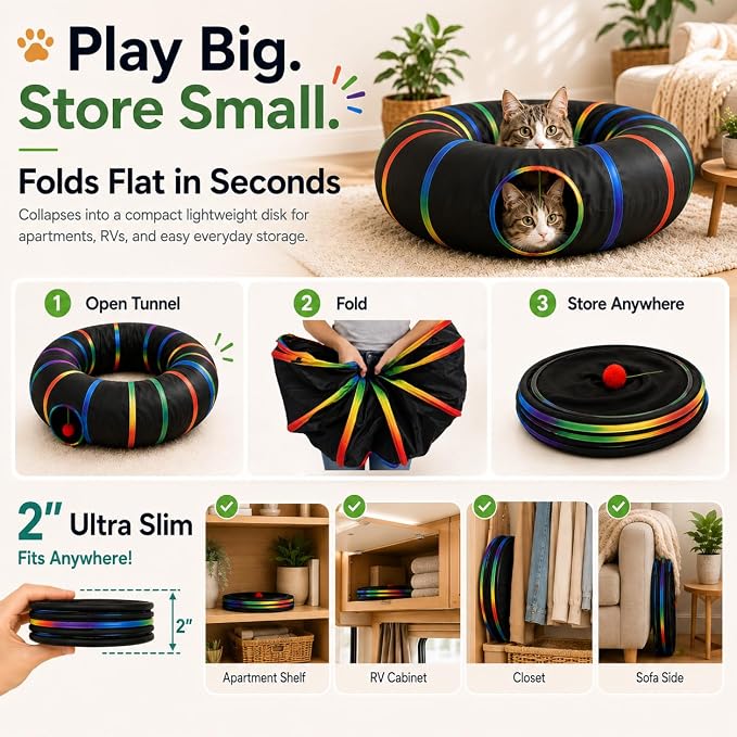 Cat Tunnel Toy with Plush Ball & Cat Wand Feather Toys-Portable Tattaff Waterproof Washable-Interesting Pattern Collapsible Black Rainbow - Image 4
