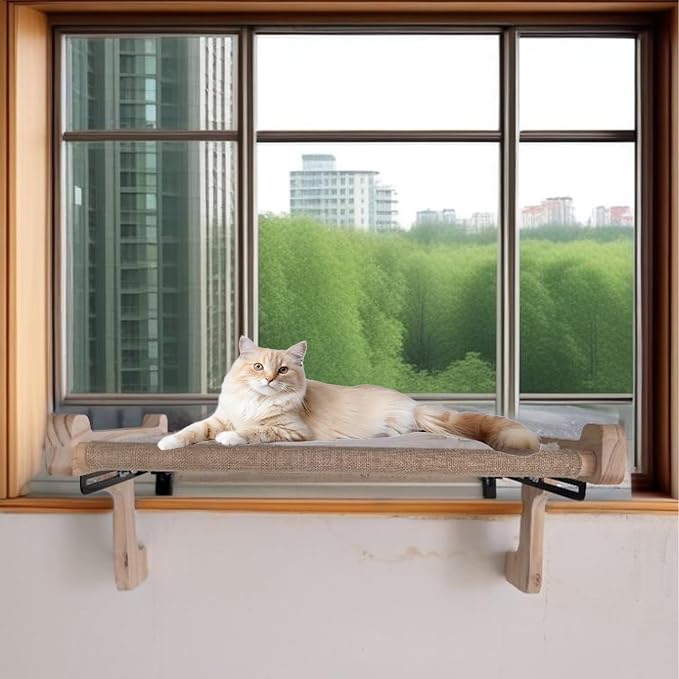 No Suction Cup Cat Window Perch, Adjustable 40lbs Heavy Duty Cat Hammock, Sturdy No-Drill Window Seat for Large Cats, Wood & Metal Frame Bed for Sills with Tracks - Image 6